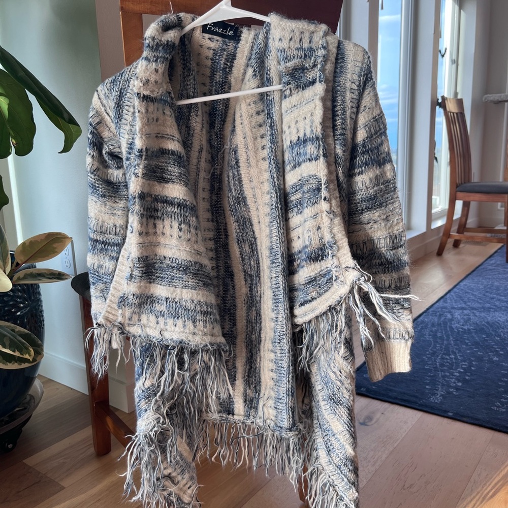 Fringe Blue and Cream Women's Cardigan Sweater